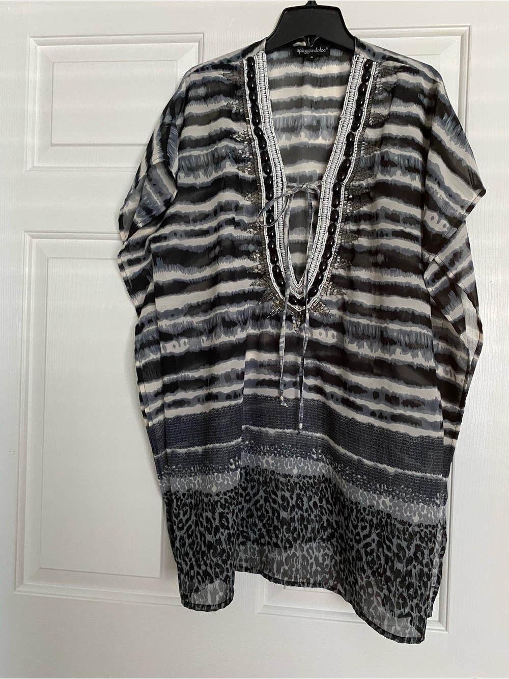 Beaded Stripe Swim Cover-Up Tunic - Black & White